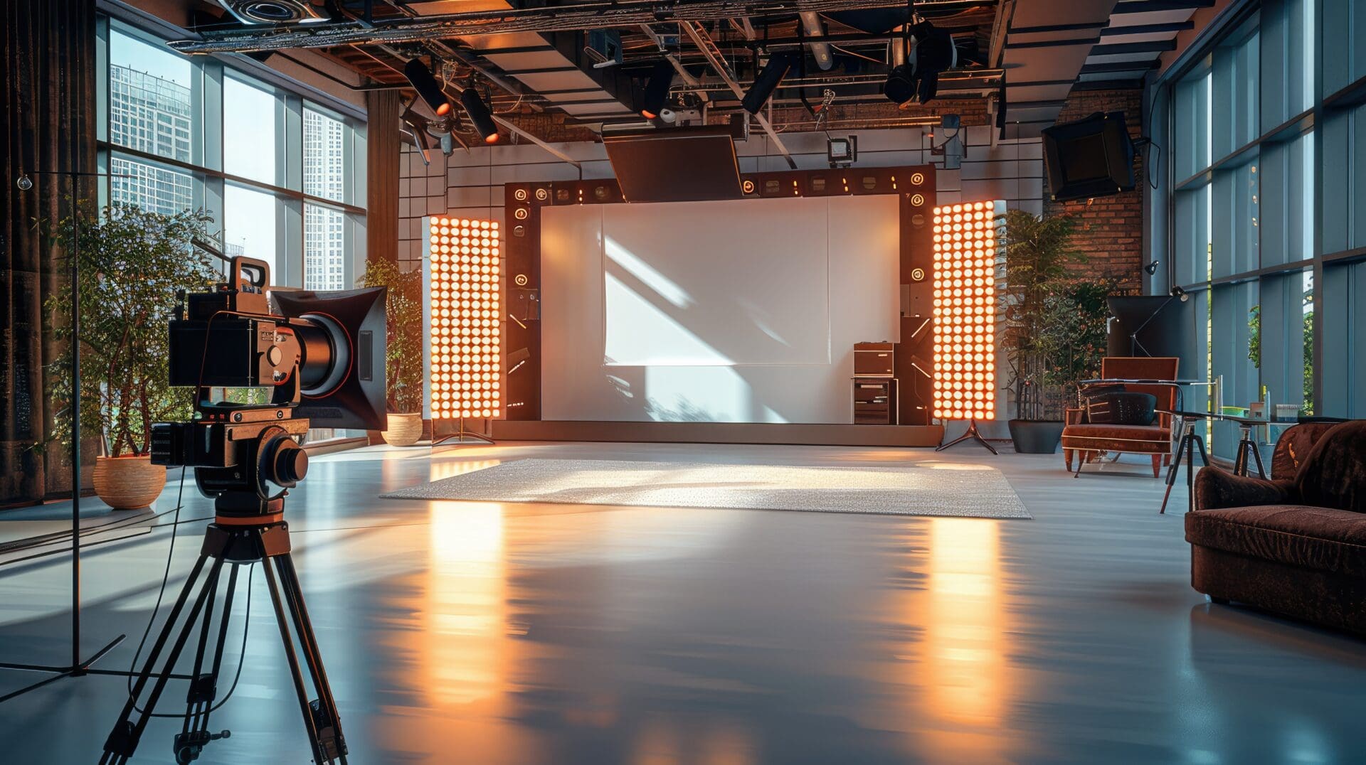 Small office interior converted to professional film studio, news studio, filming commercial, film props, cameras, huge LED Wall screen, neon lights, filming equipment, large windows. Generative AI