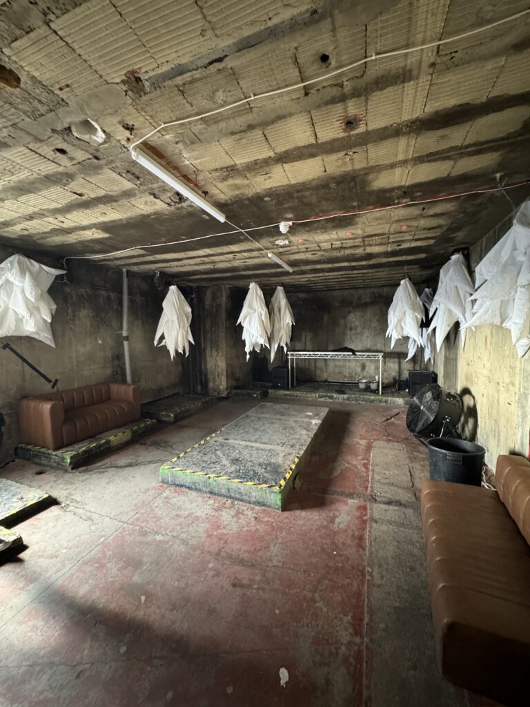 Spooky basement with hanging ghost decorations.