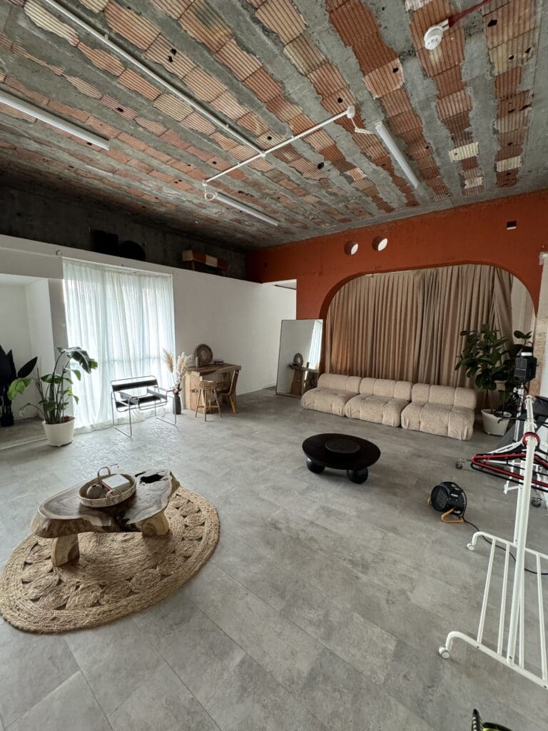 Modern living room with rustic ceiling design.