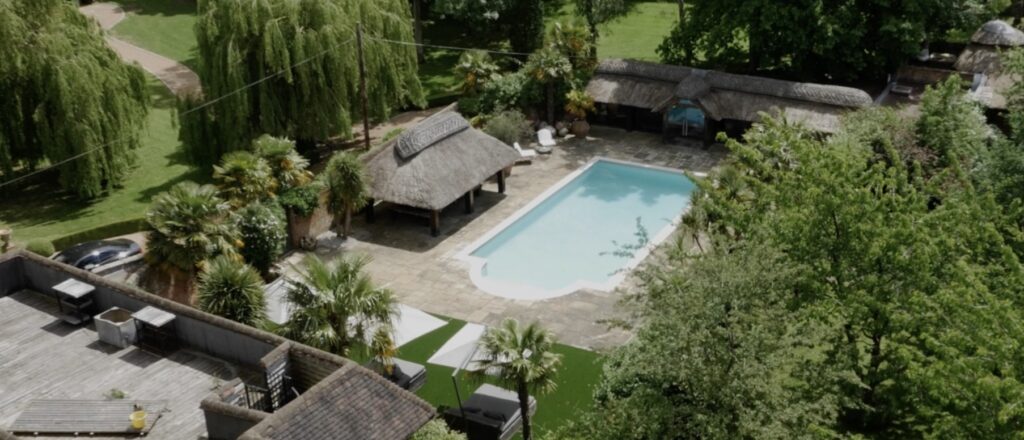 Aerial view of a pool and greenery.