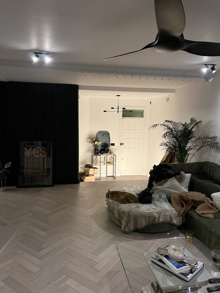Modern living room with plants and decor.
