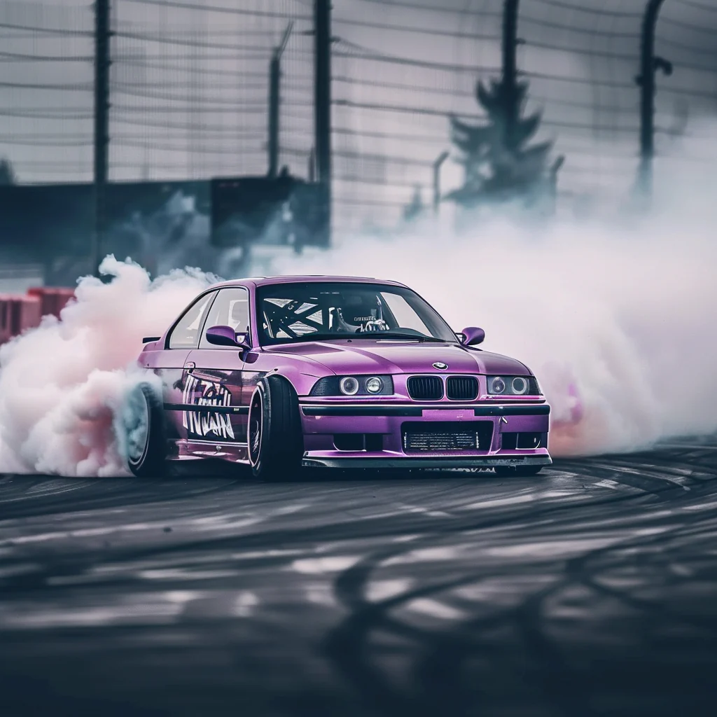 Purple car drifting with smoke on track.
